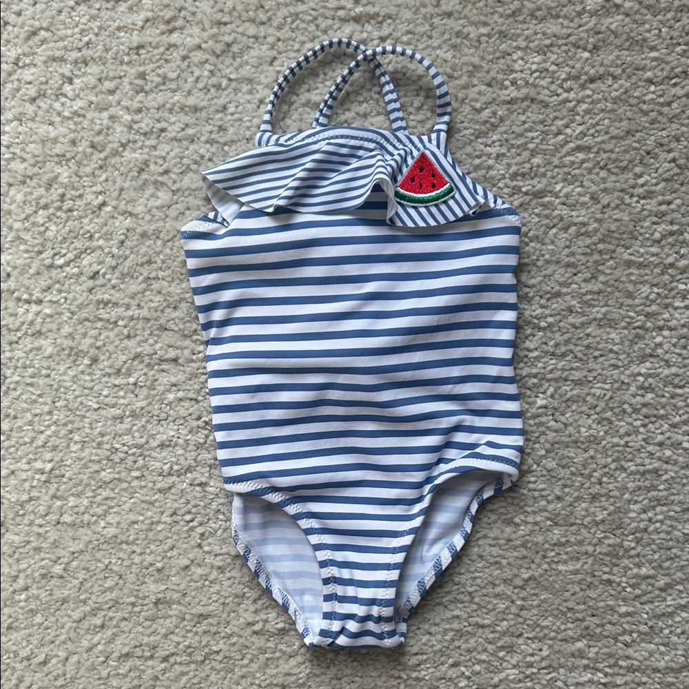 Zara Kids Blue and White Striped Swimsuit with Watermelon Accent